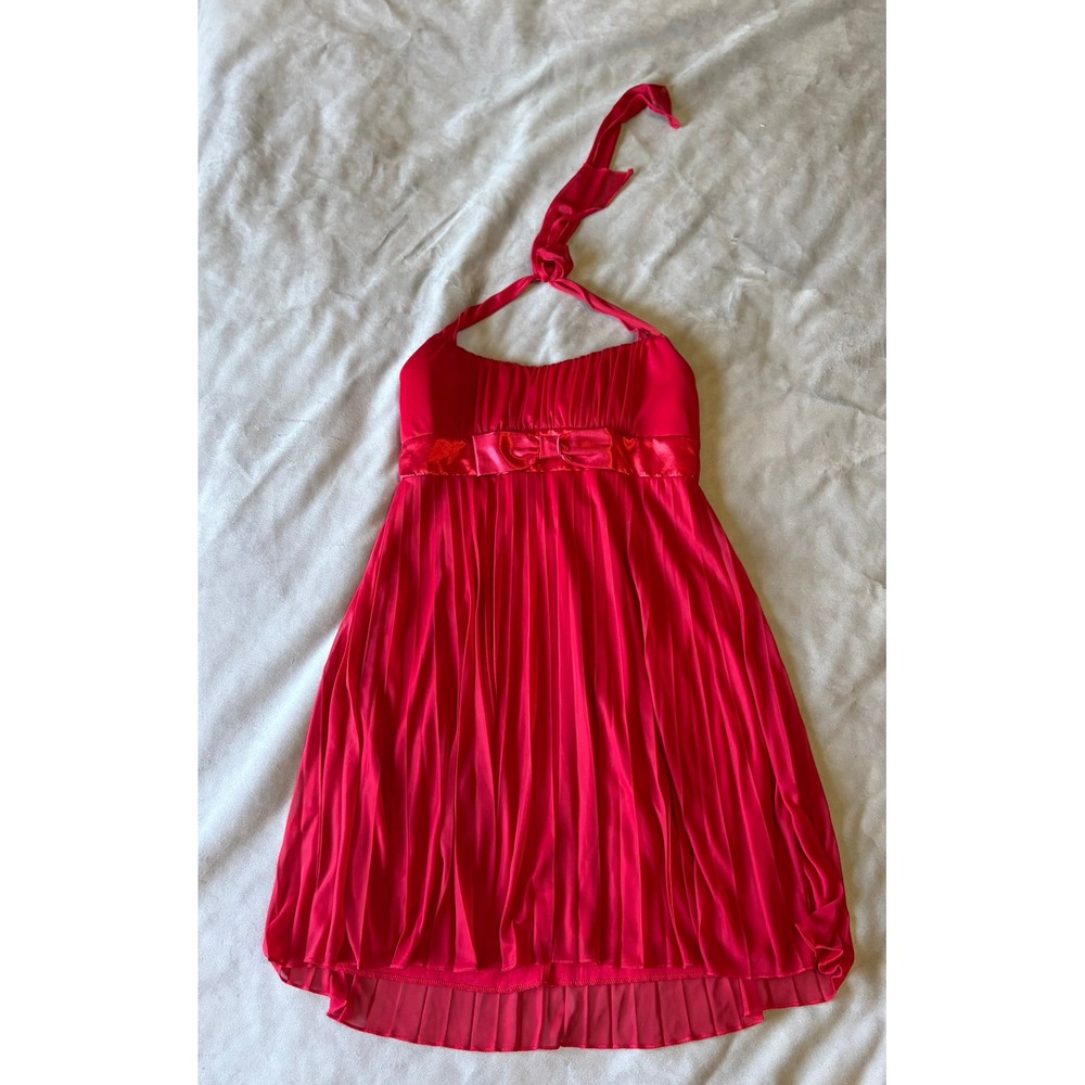 Ruby Rox Red Pleated Halter Mini Dress Empire Waist Satin Bow Large